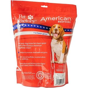 X-Large Bag of Pet Factory’s American Beefhide Chicken Flavored Thin Rolls Pack of 35, 10 inch thin rolls, back panel