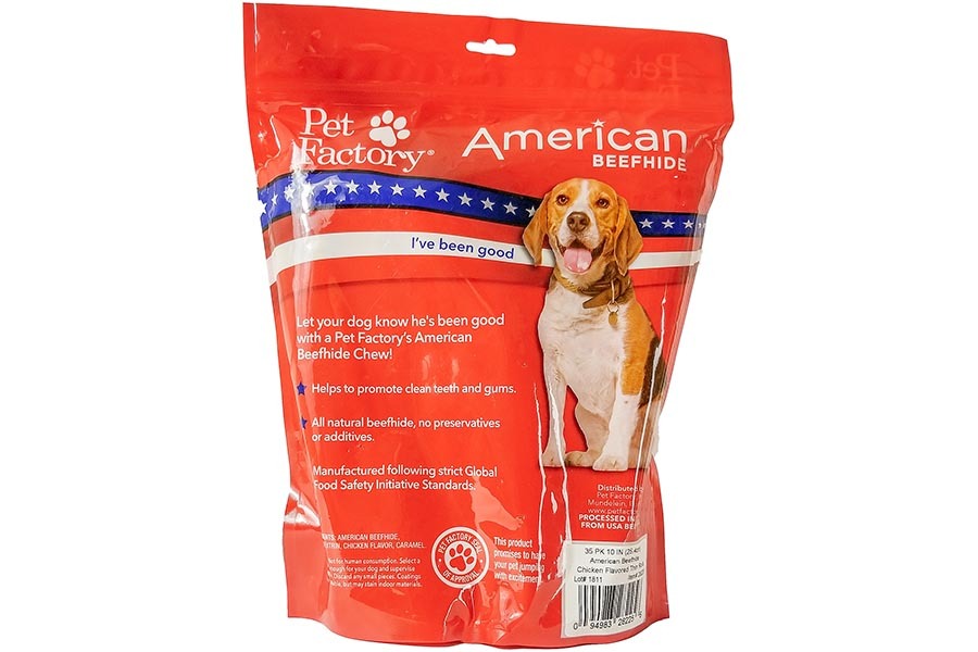 X-Large Bag of Pet Factory’s American Beefhide Chicken Flavored Thin Rolls Pack of 35, 10 inch thin rolls, back panel