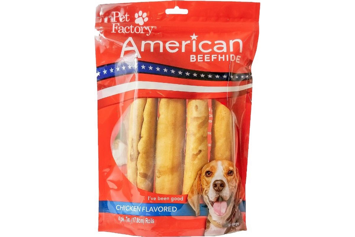 Medium Bag of Pet Factory’s Chicken Flavored rolls pack of 4 , 7-8" rolls, front view