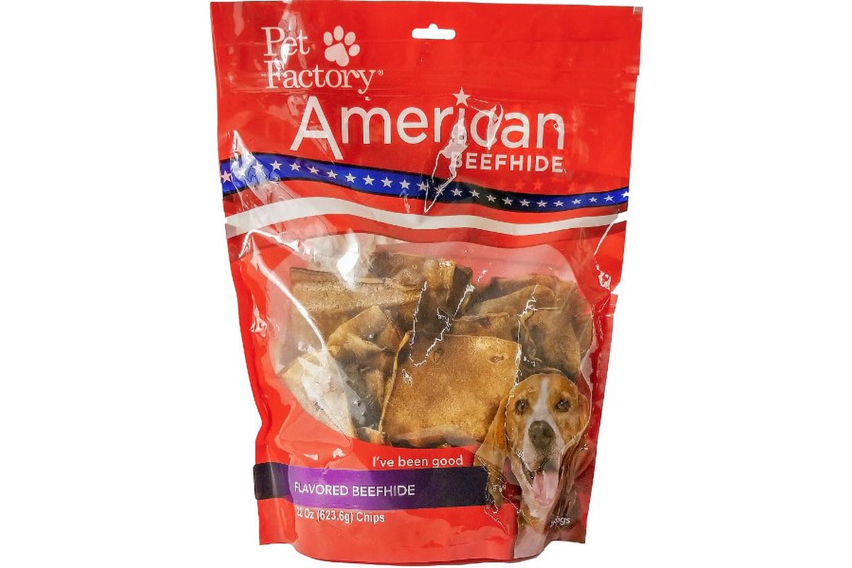 X-Large bag of Pet Factory’s American Beefhide Peanut Butter Flavored Chips , 22oz. bag, front view