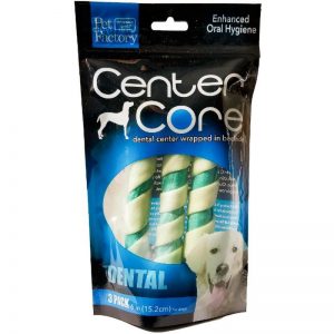 Pack of three Pet Factory Dental Fusion "Center Core" Roll wrapped in Beefhide, three 6” bones, front view