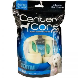 Two pack of Pet Factory Dental Fusion "Center Core" Roll wrapped in Beefhide, two bones 6-7”, front view