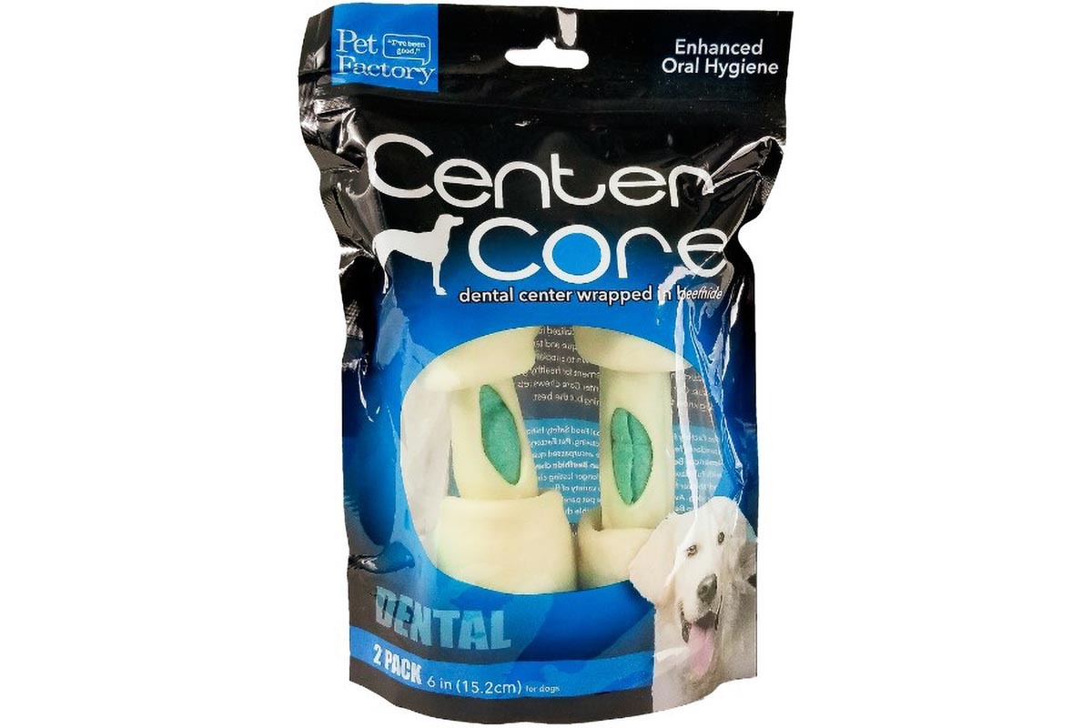 Two pack of Pet Factory Dental Fusion "Center Core" Roll wrapped in Beefhide, two bones 6-7”, front view