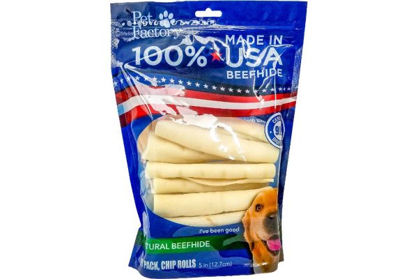 Medium Bag of Pet Factory’s 100% USA Beefhide Chip Rolls, Pack of 18, 5" Chip Rolls, front view