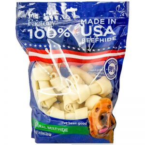 X-Large Bag of Pet Factory’s 100% USA Beefhide Small Dog Assortment , Pack of 25, 12 4-5” bones, 13 4-5” Chip Rolls, front view