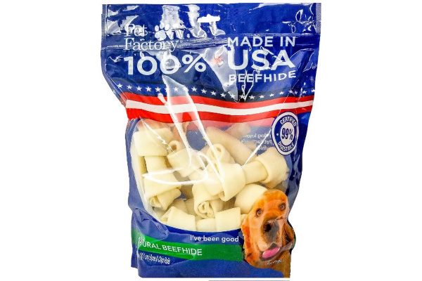 X-Large Bag of Pet Factory’s 100% USA Beefhide Small Dog Assortment , Pack of 25, 12 4-5” bones, 13 4-5” Chip Rolls, front view