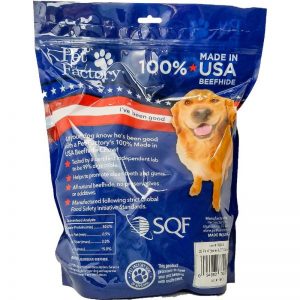 X-Large Bag of Pet Factory’s 100% USA Beefhide Small Dog Assortment , Pack of 25, 12 4-5” bones, 13 4-5” Chip Rolls, back panel