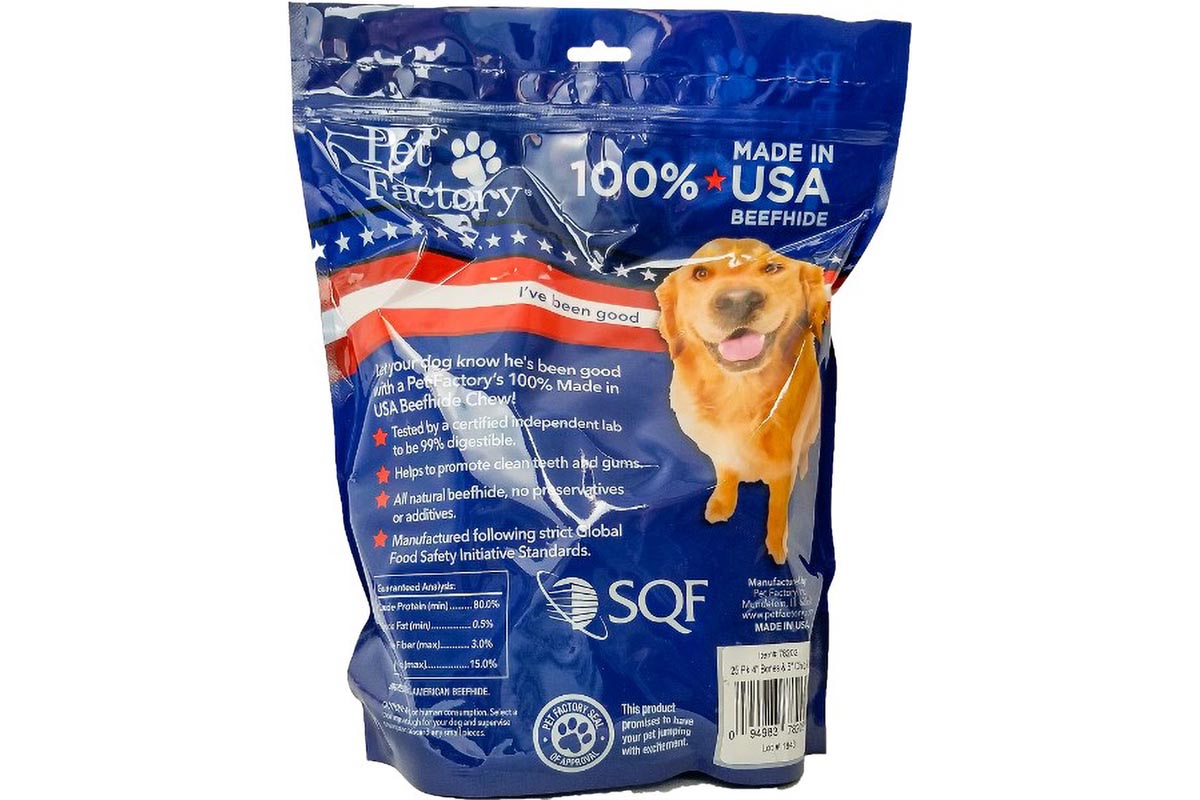 X-Large Bag of Pet Factory’s 100% USA Beefhide Small Dog Assortment , Pack of 25, 12 4-5” bones, 13 4-5” Chip Rolls, back panel