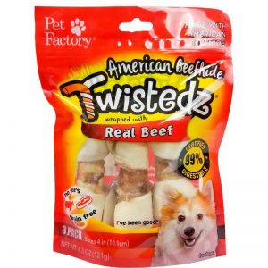 Bag of TWISTEDZ® American Beefhide Bone w/Beef Meat Wrap, pack of 3 ,4-5" Bones, front view