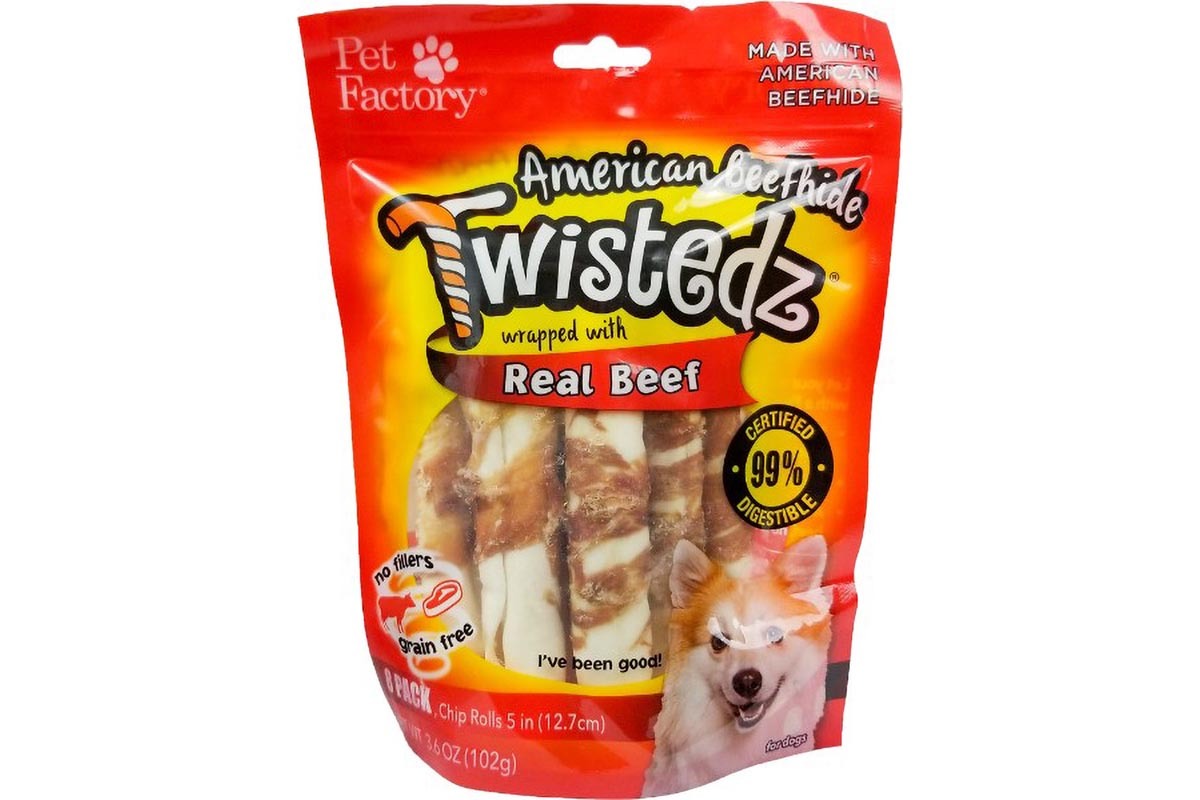 Bag of TWISTEDZ® American Beefhide Chip Rolls w/Beef Meat Meat Wrap, Pack of 8, 5" Bones, front view