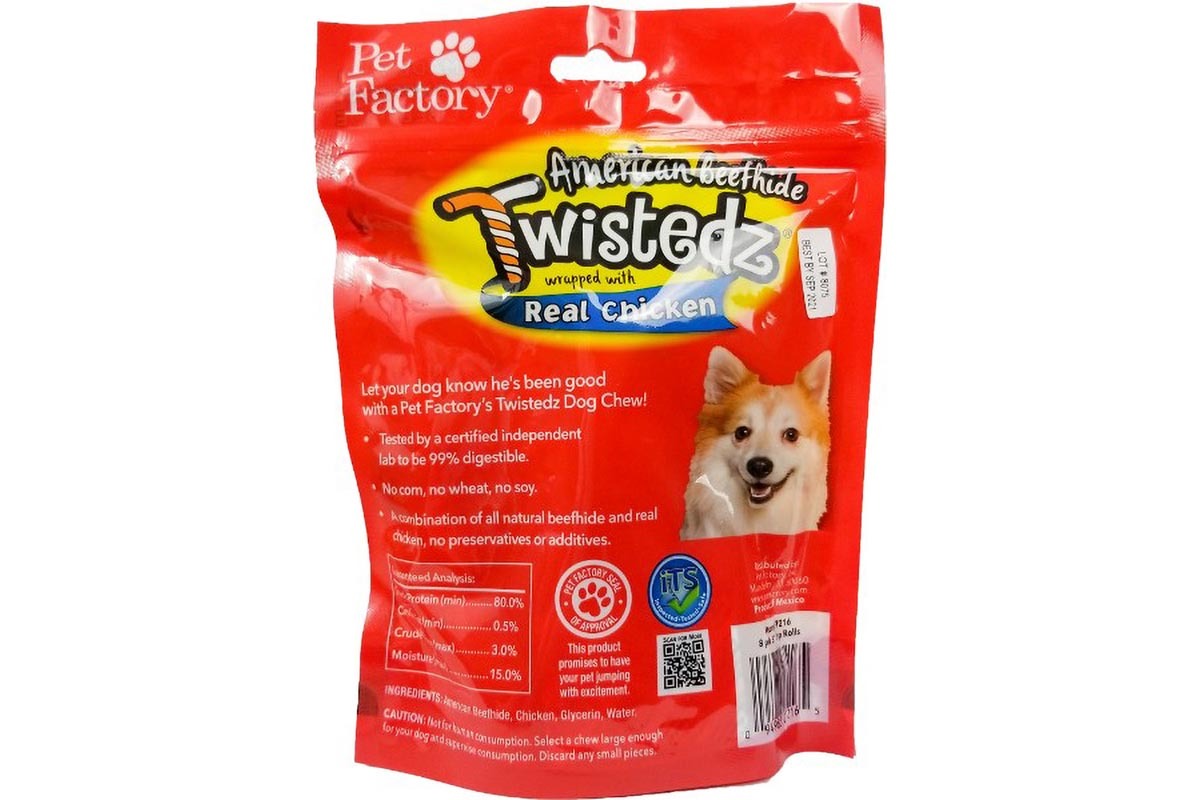 Bag of TWISTEDZ® American Beefhide Chip Rolls w/Chicken Meat Wrap, pack of 8, 5" Chip Rolls, back Panel