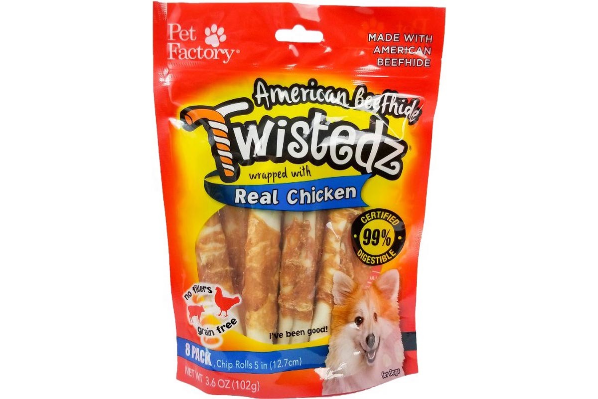 Bag of TWISTEDZ® American Beefhide Chip Rolls w/Chicken Meat Wrap, pack of 8, 5" Chip Rolls, Front view