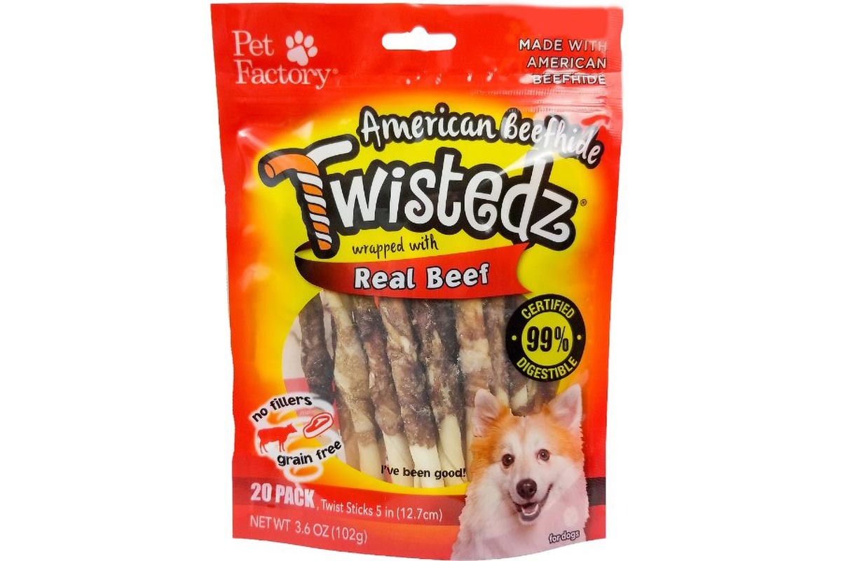 Bag of TWISTEDZ® American Beefhide Twist Sticks w/Beef Meat Wrap, Pack of 20, 5" twist sticks, front view