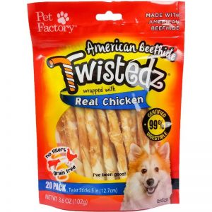 Bag of TWISTEDZ® American Beefhide Twist Sticks w/Chicken Meat Wrap, Pack of 20, 5" twist sticks, front view