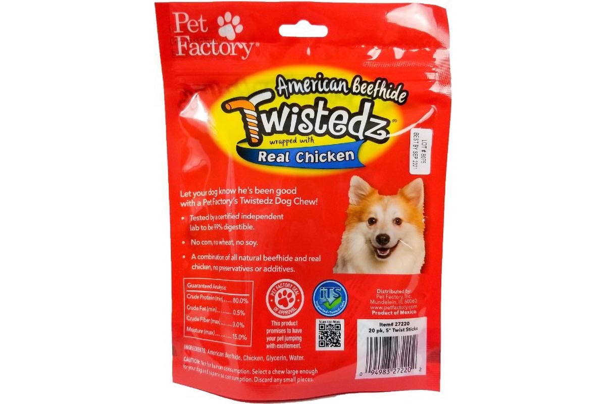Bag of TWISTEDZ® American Beefhide Twist Sticks w/Chicken Meat Wrap, Pack of 20, 5" twist sticks, back panel