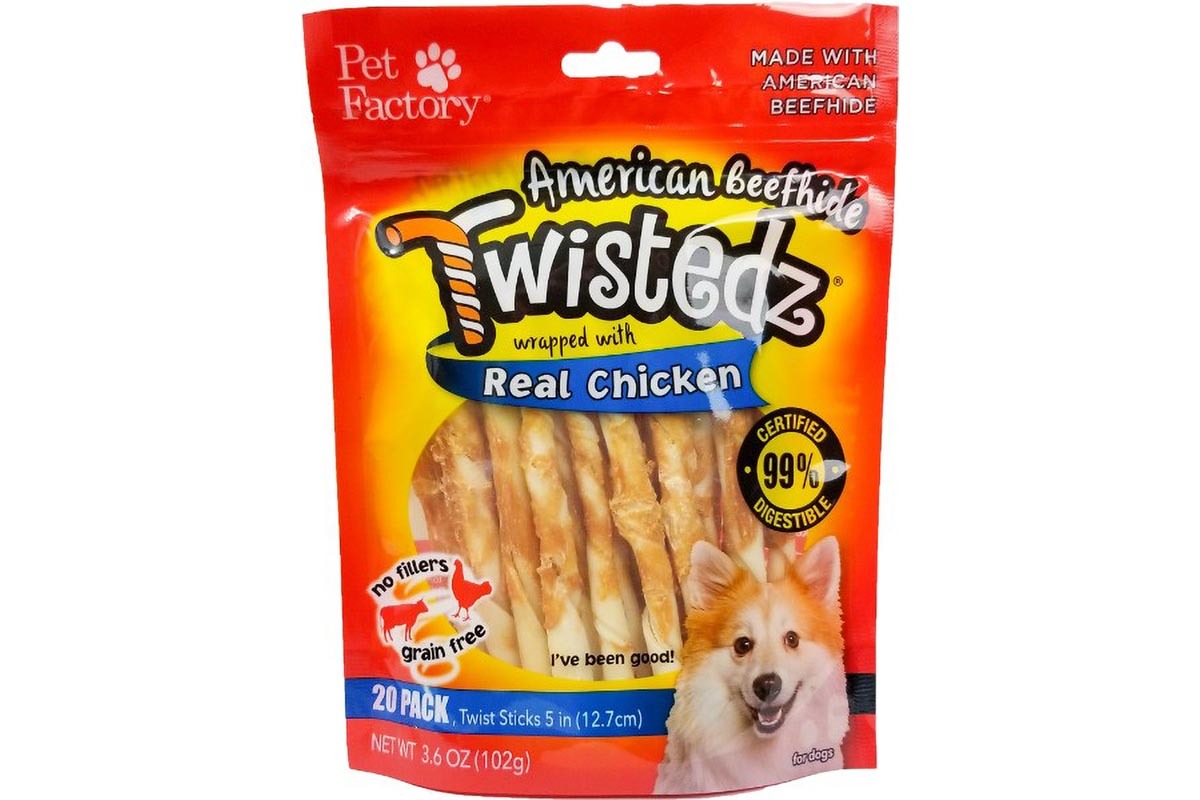 Bag of TWISTEDZ® American Beefhide Twist Sticks w/Chicken Meat Wrap, Pack of 20, 5" twist sticks, front view
