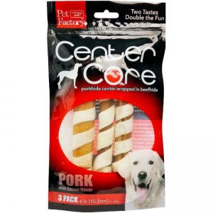 : Pack of 3 Pet Factory USA "Center Core" Porkhide Roll wrapped in Beefhide, three 6 inch bones, front view
