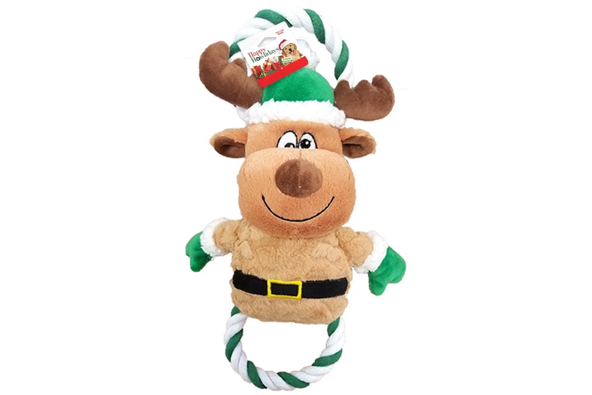 plush and rope reindeer holiday themed dog toy